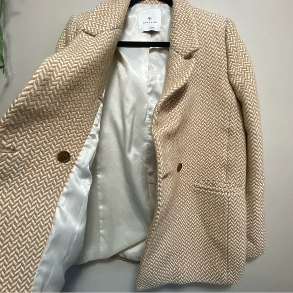 Anine Bing Fishbone Double Breasted Blazer Jacket Large Tan Cream Beige Wool S - Picture 8 of 11